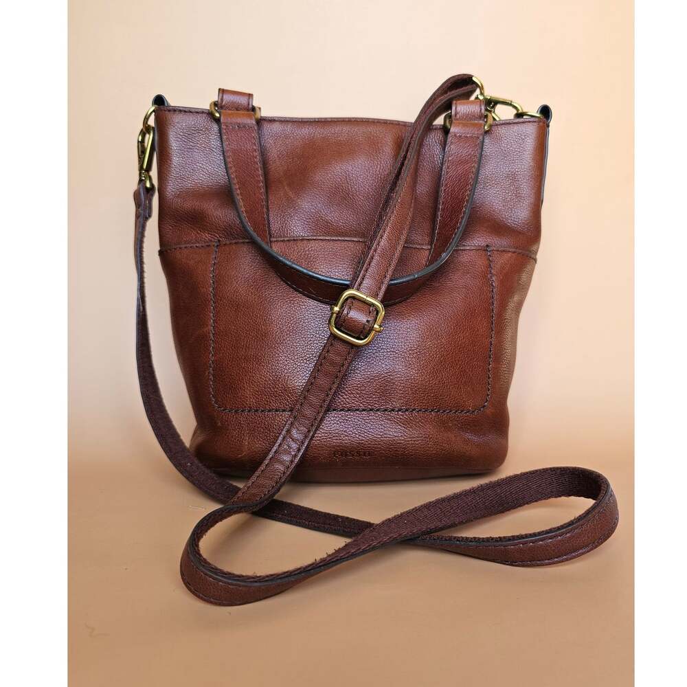 Classic Fossil Brown Pebbled Leather Bucket Crossbody Shoulder Bag